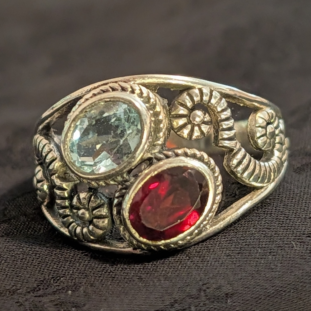 🆕 Genuine Blue Topaz Ring Garnet Ring Solid Sterling Silver Ring Size 9